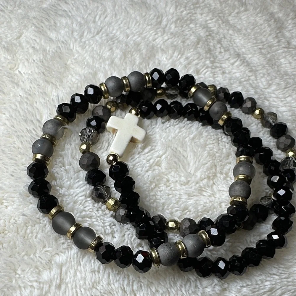 Beaded Bracelet Set of 3 w/Cross Charm on Black & Mirrored Grey & Gold Tone NWOT